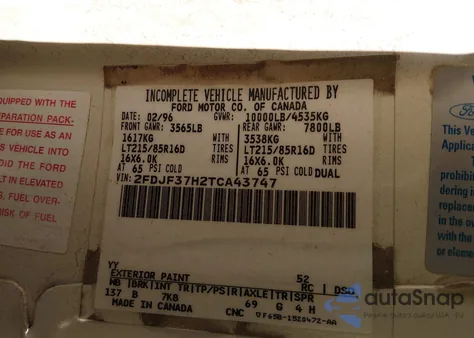 1996 Ford F350 from USA, damaged, VIN 2FDJF37H2TCA43747